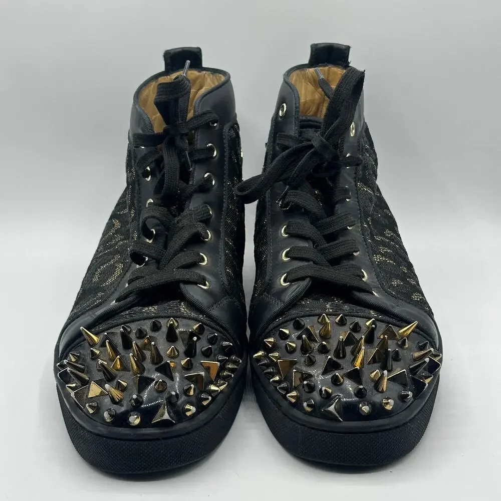 CHRISTIAN LOUBOUTIN Louis High Pik Jacquard Sneaker Black Gold Spike Sz 44/11